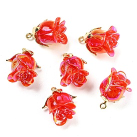 Opaque Resin Pendants, AB Color, Flower Charms with Alloy Leaf