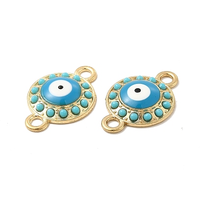 Alloy Connector Charms with Enamel and Synthetic Turquoise, Flat Round Links with Turquoise Evil Eye, Nickel