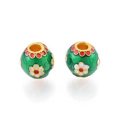Alloy Enamel Beads, Matte Gold Color, Rondelle with Flower
