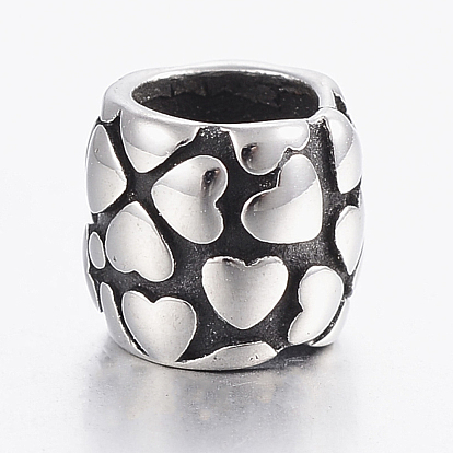 304 Stainless Steel European Beads, Large Hole Beads, Barrel with Heart