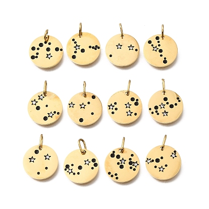 Twelve Constellations 304 Stainless Steel Enamel Pendants, with Rhinestone, Flat Round Charms, Golden