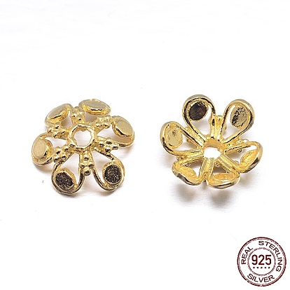 Real 18K Gold Plated 6-Petal 925 Sterling Silver Bead Caps, Flower, 11.5x4mm, Hole: 2mm, about 26pcs/20g