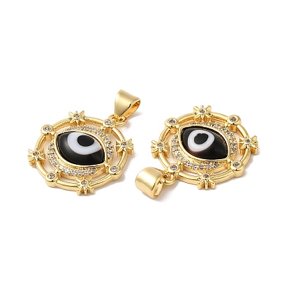 Handmade Evil Eye Lampwork Pendants, with Brass Cubic Zirconia Finding, Cadmium Free & Lead Free, Real 18K Gold Plated, Flat Round Charm