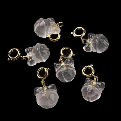Natural Rose Quartz Pendant Decorations, with Brass Spring Ring Clasps, Bell