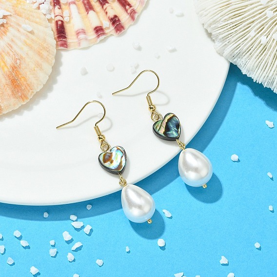 Natural Abalone Shell and Shell Pearl Dangle Earrings, 304 Stainless Steel Dangle Earrings for Women, Golden