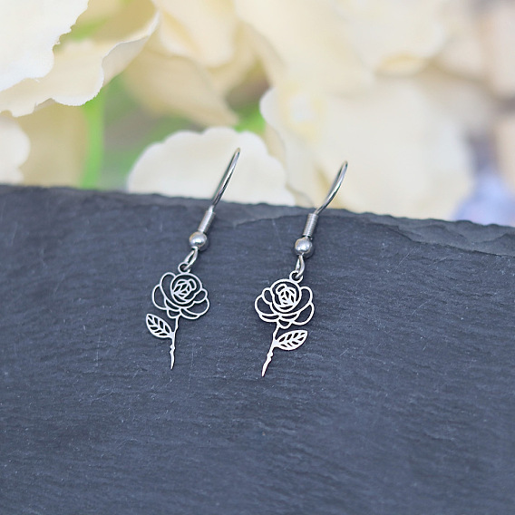304 Stainless Steel Flower Dangle Earrings for Women