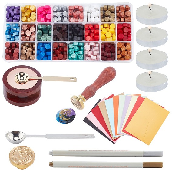 DIY Wax Seal Stamps Kit, Including Sealing Wax Particles, Paper Envelopes, Iron Spoon, Beech Wood Handle, Metallic Marker Pens, Wax Stick Melting Pot Holder, Candle