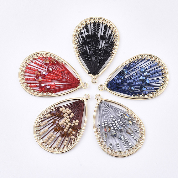Polyester Thread Woven Pendants, with Glass and Golden Plated Alloy Findings, Long-Lasting Plated, Teardrop