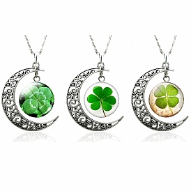 Glass Clover & Crescent Moon Pendant Necklaces, Alloy Jewelry for Women, Antique Silver & Platinum