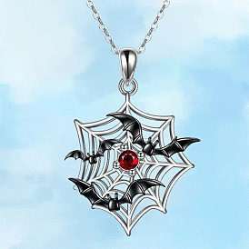 Halloween Alloy Siam Rhinestone Spider Web with Black Bat Pendant Necklaces
