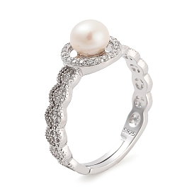Круглые кольца на палец с натуральным жемчугом и цирконием, регулируемое кольцо из стерлингового серебра с родиевым покрытием для женщин