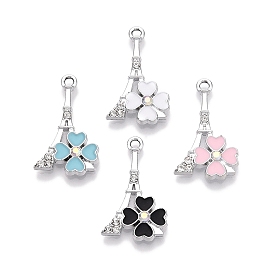 Rack Plating Alloy Rhinestone Pendants, with Enamel, Eiffel Tower with Flower