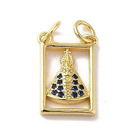 Rack Plating Brass Micro Pave Cubic Zirconia Pendants, Cadmium Free & Lead Free, Long-Lasting Plated, Real 18K Gold Plated, Rectangle with Skirt