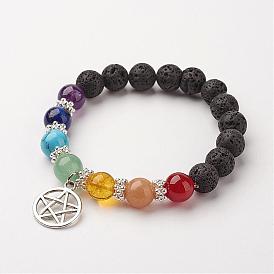 Gemstone Bead Charm Bracelets, Chakra Stretch Bracelets, with Alloy Findings, Ring with Star
