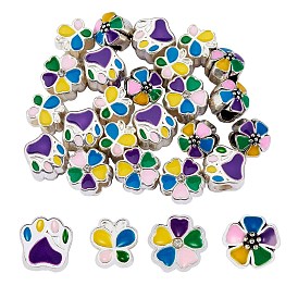 32Pcs 4 Colors Alloy Enamel European Beads, Large Hole Beads, Cadmium Free & Lead Free, Platinum, Flower
