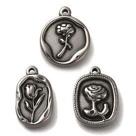 304 Stainless Steel Pendants, Antique Silver, Rectangle/Oval/Flat Round with Flower Charm