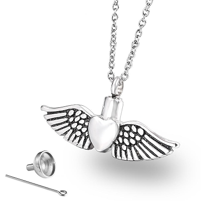 Wing with Heart Locket Pet Memorial Necklace, Titanium Steel Urn Ashes Pendant Necklace for Men Women