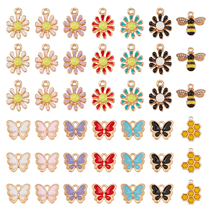 56Pcs 4 Styles Alloy Enamel Pendants, Butterfly & Chrysanthemum & Bees, Light Gold