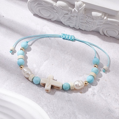Браслеты из бисера, плетеные из нейлоновой нити для женщин, с натуральным говлитом, синтетической бирюзой и натуральным культивированным пресноводным жемчугом, крестик