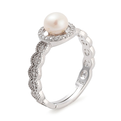 Round Natural Pearl & Cubic Zirconia Finger Rings, Rhodium Plated 925 Sterling Silver Adjustable Ring for Women