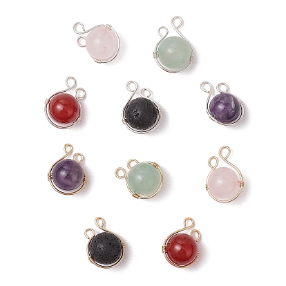 Круглые подвески из натурального зеленого авантюрина, розового кварца, лавового камня, сердолика и аметиста, обмотанные медной проволокой, смешанные окрашенные и неокрашенные