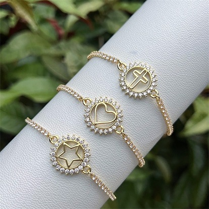 Verstellbare Tennisarmbänder aus Messing mit Pavé-Fassung aus klaren Zirkonia für Damen, echt 18 k vergoldet