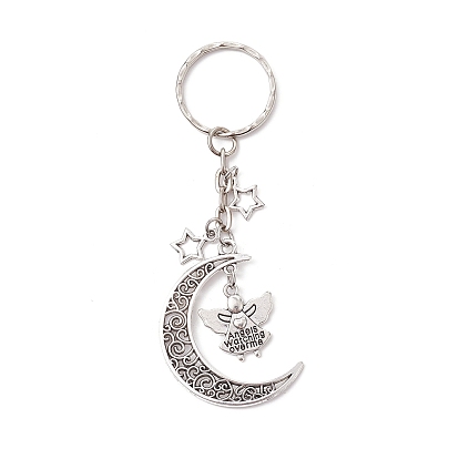 Tibetan Style Alloy Pendants Keychains, with Iron Split Key Rings, Moon with Angle