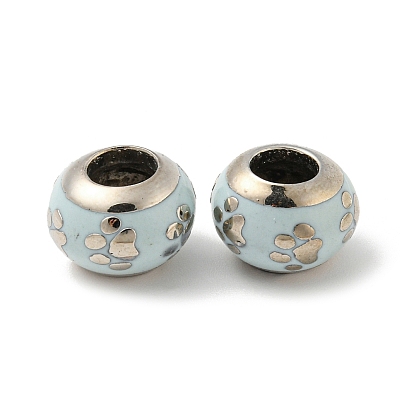 Platinum Tone Alloy Enamel European Beads, Large Hole Beads, Rondelle with Paw Print