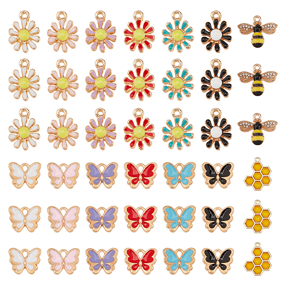 56Pcs 4 Styles Alloy Enamel Pendants, Butterfly & Chrysanthemum & Bees, Light Gold