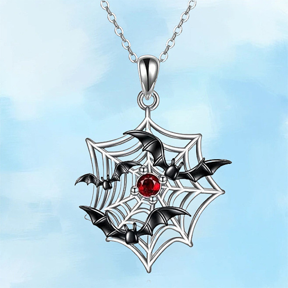 Halloween Alloy Siam Rhinestone Spider Web with Black Bat Pendant Necklaces