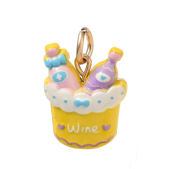 Alloy Enamel Pendants, Basket with Wine Charms, Golden