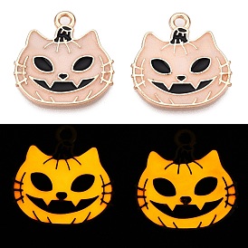 Halloween Theme Rack Plating Luminous Alloy Enamel Pendants, Glow in the Dark, Cat Charm