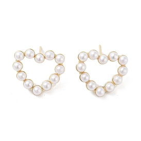 Rack Plating Brass  Stud Earring, with Plastic Imitation Pearl, Cadmium Free & Lead Free, Long-Lasting Plated, Heart
