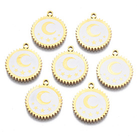 316 Surgical Stainless Steel Charms, with Shell, Real 14K Gold Plated, Flat Round with Moon & Star