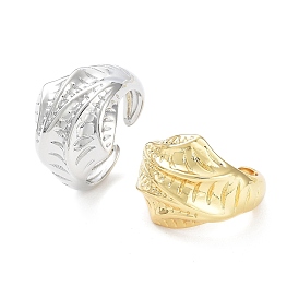 Brass Open Cuff Rings for Women, Grooved Leaf