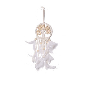 Toile/filet tissé en fer avec des décorations de pendentifs en plumes, avec des perles en bois  , cordon de cire recouvert, plat rond