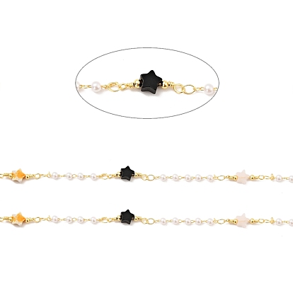 Natural Mixed Gemstone Star & Glass Pearl Beaded Chains, with Gold Plated Brass Findings, Long-Lasting Plated, Unwelded, with Spool, Cadmium Free & Lead Free