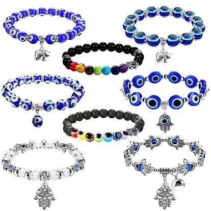 Devil's Eye Volcanic Stone Hand Chain with Crystal Blue Eye Beads - Set of 8