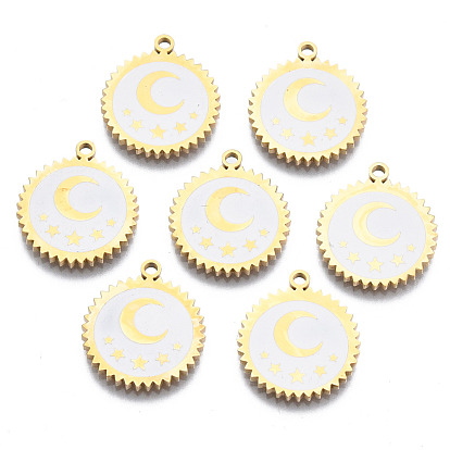 316 Surgical Stainless Steel Charms, with Shell, Real 14K Gold Plated, Flat Round with Moon & Star