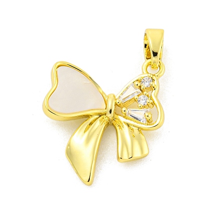Shell Pendants, with Brass Micro Pave Clear Cubic Zirconia Pendants, Cadmium Free & Nickel Free & Lead Free, Bowknot