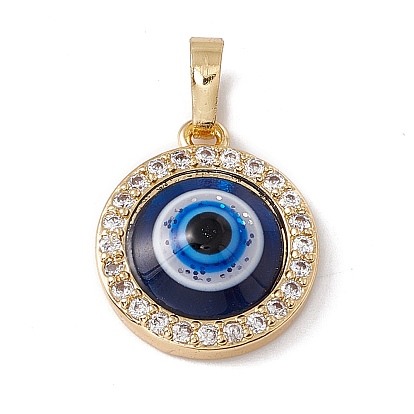 Brass Micro Pave Clear Cubic Zirconia Pendants, with Resin Cabochon, Cadmium Free & Nickel Free & Lead Free, Rack Plating, Flat Round with Evil Eye Pattern