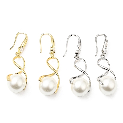 Plastic Pearl Infinity Dangle Earrings with Cubic Zirconia, Rack Plating Brass Long Drop Earrings for Women, Lead Free & Cadmium Free