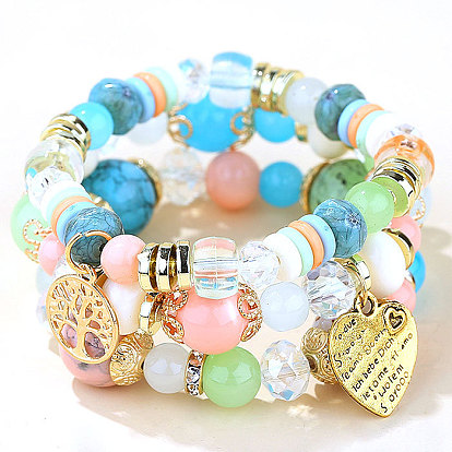 Chic Multi-layered Metal Heart, Tree of Life & Candy Bead Bracelet for Women