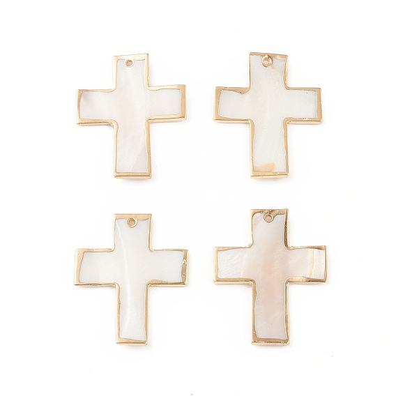 Freshwater Shell Big Pendants, with Light Gold Plated Brass Edge, Cross Charms