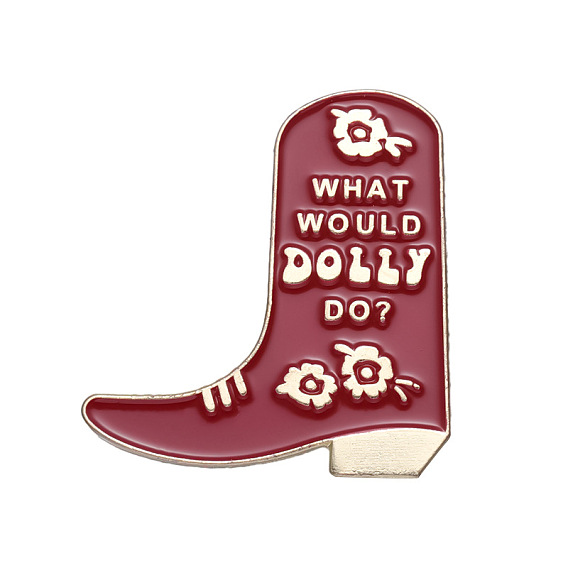 Cute Cowboy Boots with Word What Would Dolly Do Safety Brooch Pin, Alloy Enamel Badge for Suit Shirt Collar, Men/Women