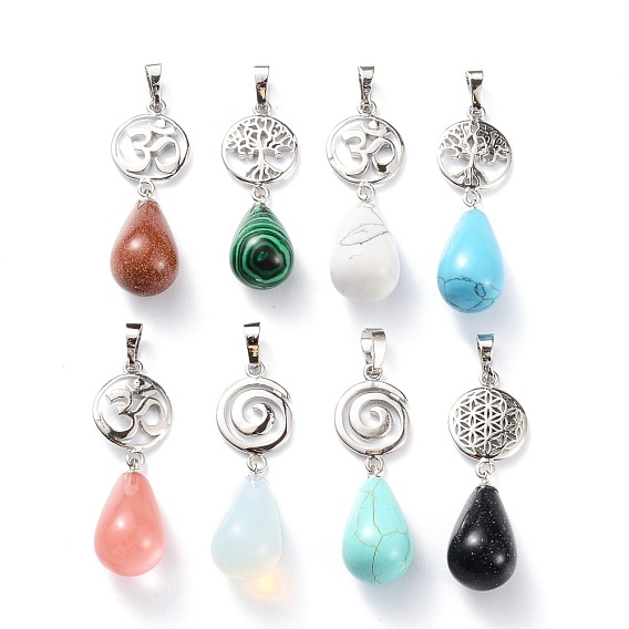 Yoga Chakra Jewelry, Synthetic Gemstone Pendants, with Platinum Plated Brass Findings, Teardrop & Votex/Ohm/Tree of Life/Flower of Life
