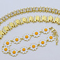 Brass Pave Clear Cubic Zirconia Enamel Link Chain Bracelets for Women, Golden, Flower Nuggets Rectangle
