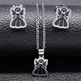 304 Stainless Steel Enamel Angel Stud Earrings & Pendant Necklace Set for Women