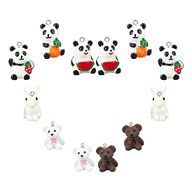 SUNNYCLUE 12Pcs 6 Style Resin Pendants, with Iron Loops, Bear & 3D Panda with Watermelon & 3D Panda with Strawberry & 3D Panda with Pineapple & 3D Panda with Pineapple & 3D Rabbit