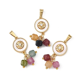 Натуральные разноцветные граненые кубические подвески из турмалина с кисточками, плоские круглые подвески из латуни с микропаве, прозрачными кубическими циркониями и натуральными ракушками., золотые